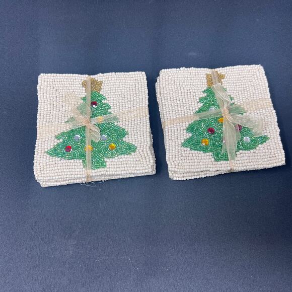 Houseful Other - Coaster Christmas Trees Glass Beaded Set Of 8 New Houseful 4.75" x 4.75"